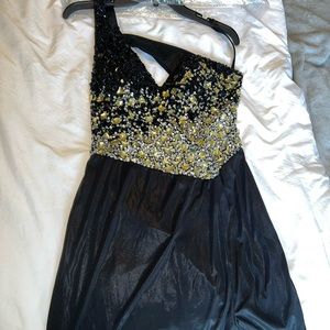 black mini one shoulder dress with rhinestone detailing